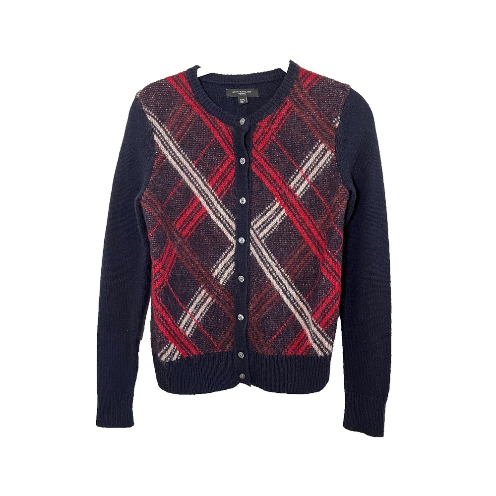 Colorful Knit Sweater Cardigan XSP Preppy Plaid Festive Striped Classic Heritage